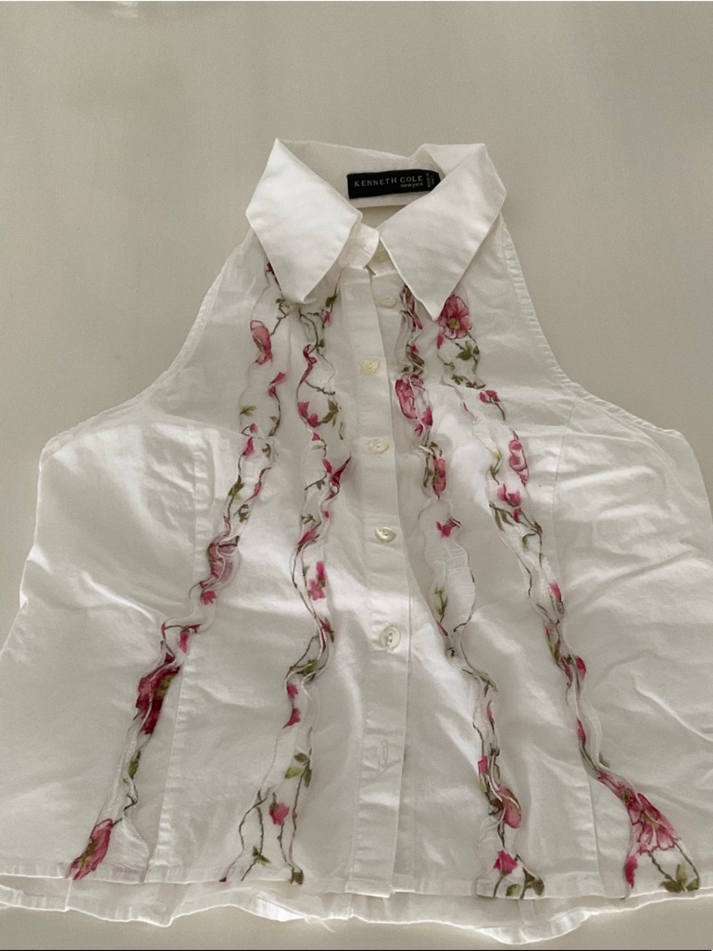 Kenneth Cole White Button-Front Blouse with Pink Floral Accents